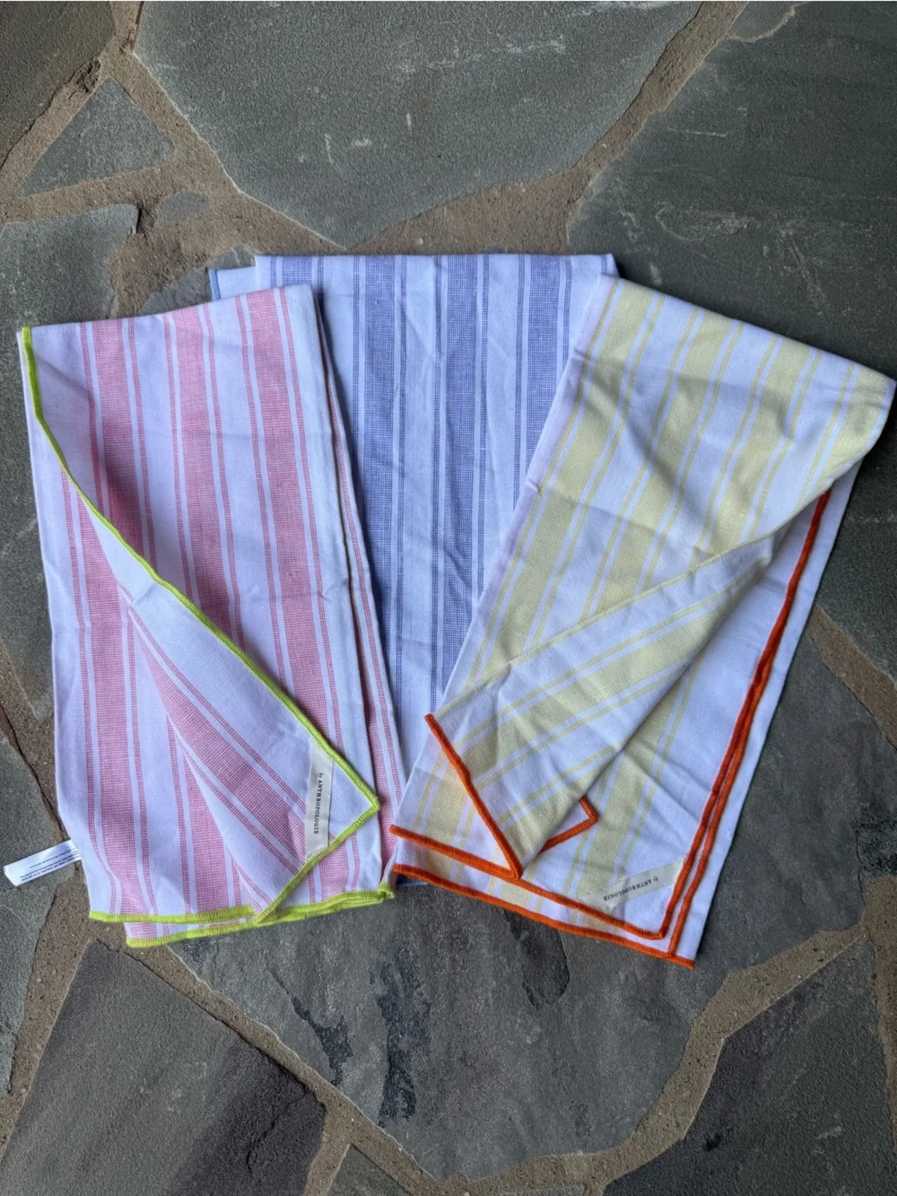 New🌟Anthropologie-Striped Cotton Tea Towels with Neon Trim (Yellow, Blue, Pink)